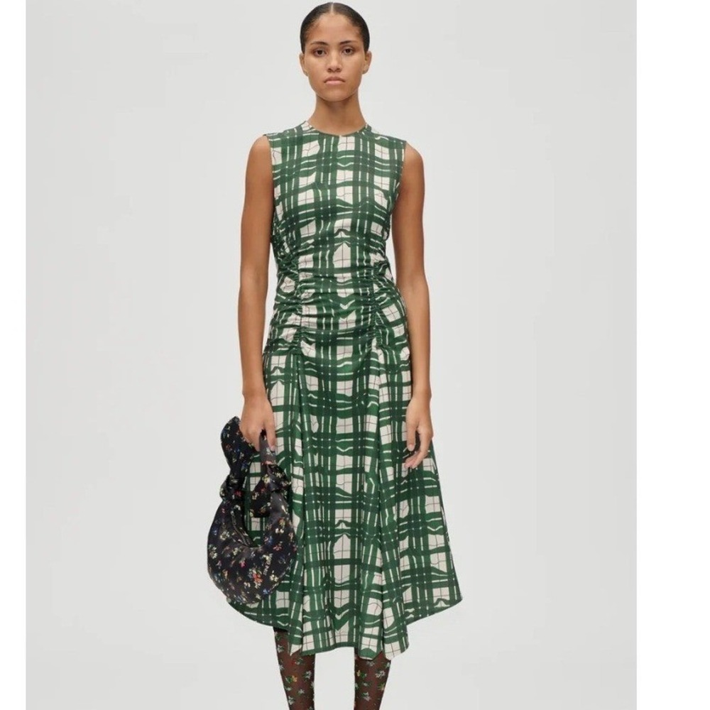 Stine Goya Green Checkered Sleeveless Cady Ruched Midi Dress Small Scandi Summer